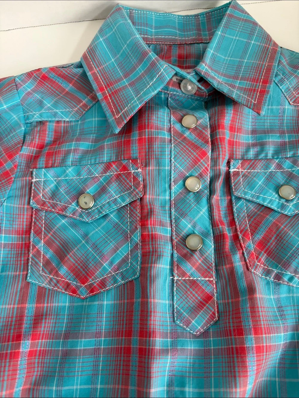 Baby Plaid Popover Bodysuit in Teal & Red western ware 6/9 M Brandnew
